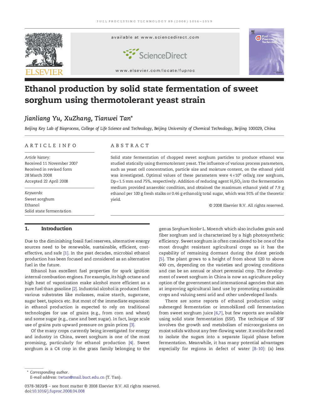 Ethanol production by solid state fermentation of sweet sorghum using thermotolerant yeast strain