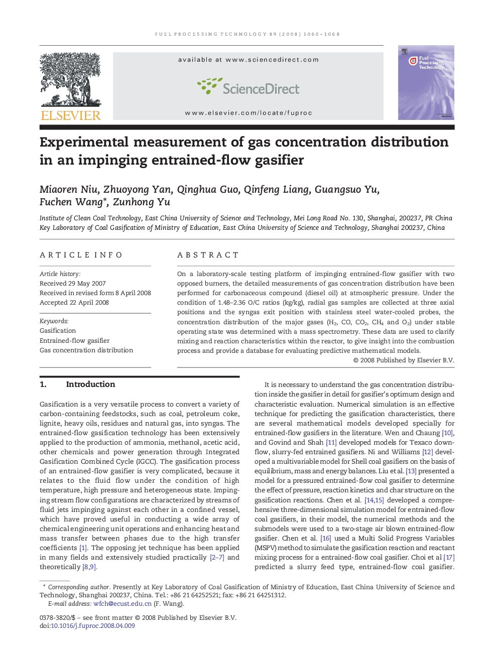 Experimental measurement of gas concentration distribution in an impinging entrained-flow gasifier