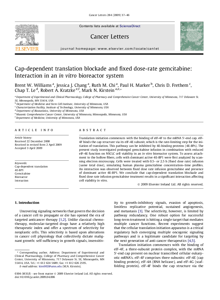 Cap-dependent translation blockade and fixed dose-rate gemcitabine: Interaction in an in vitro bioreactor system