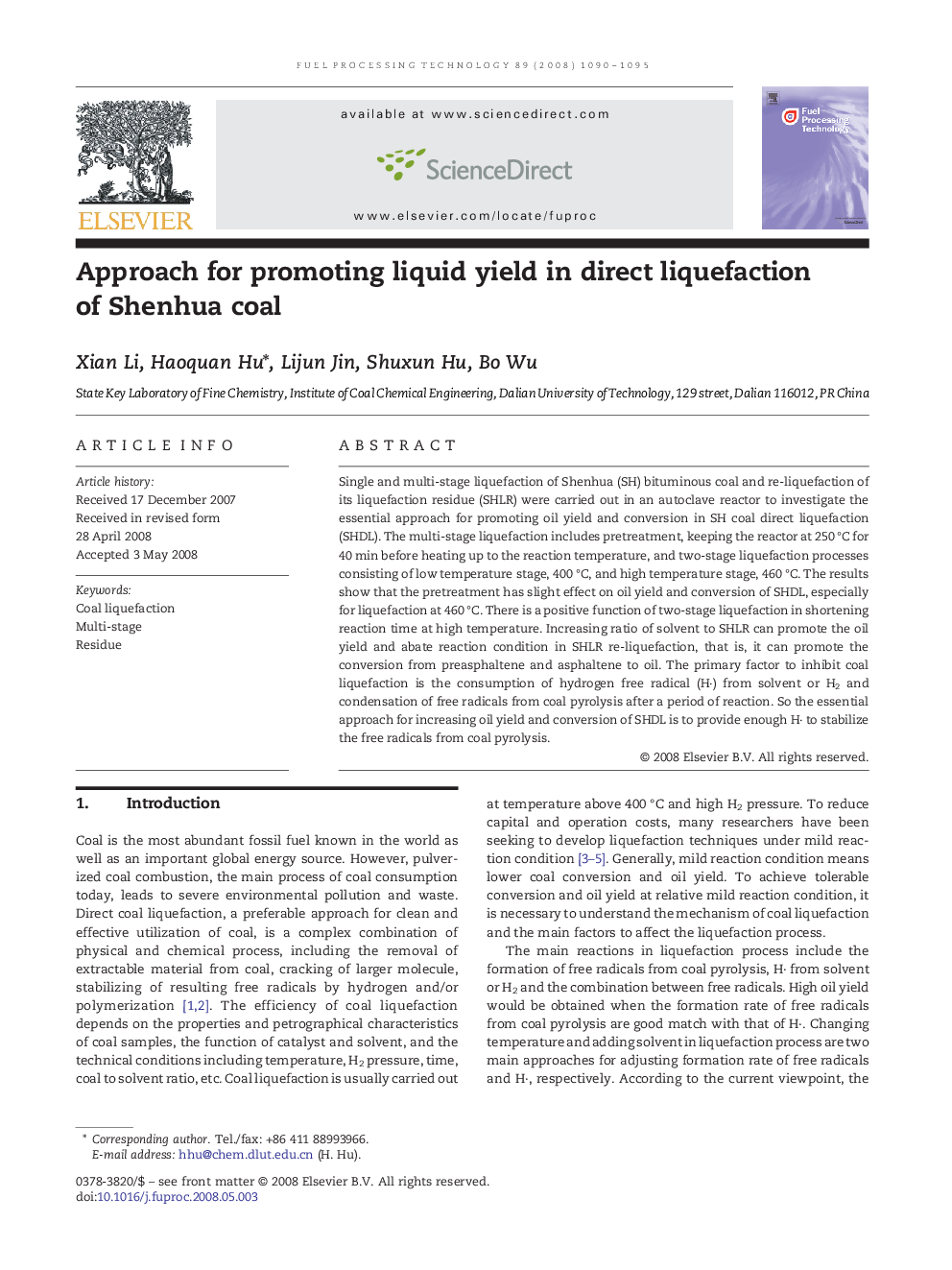 Approach for promoting liquid yield in direct liquefaction of Shenhua coal