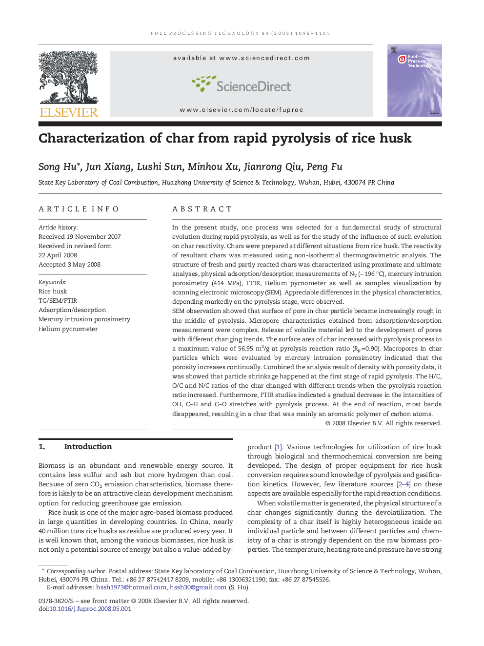 Characterization of char from rapid pyrolysis of rice husk