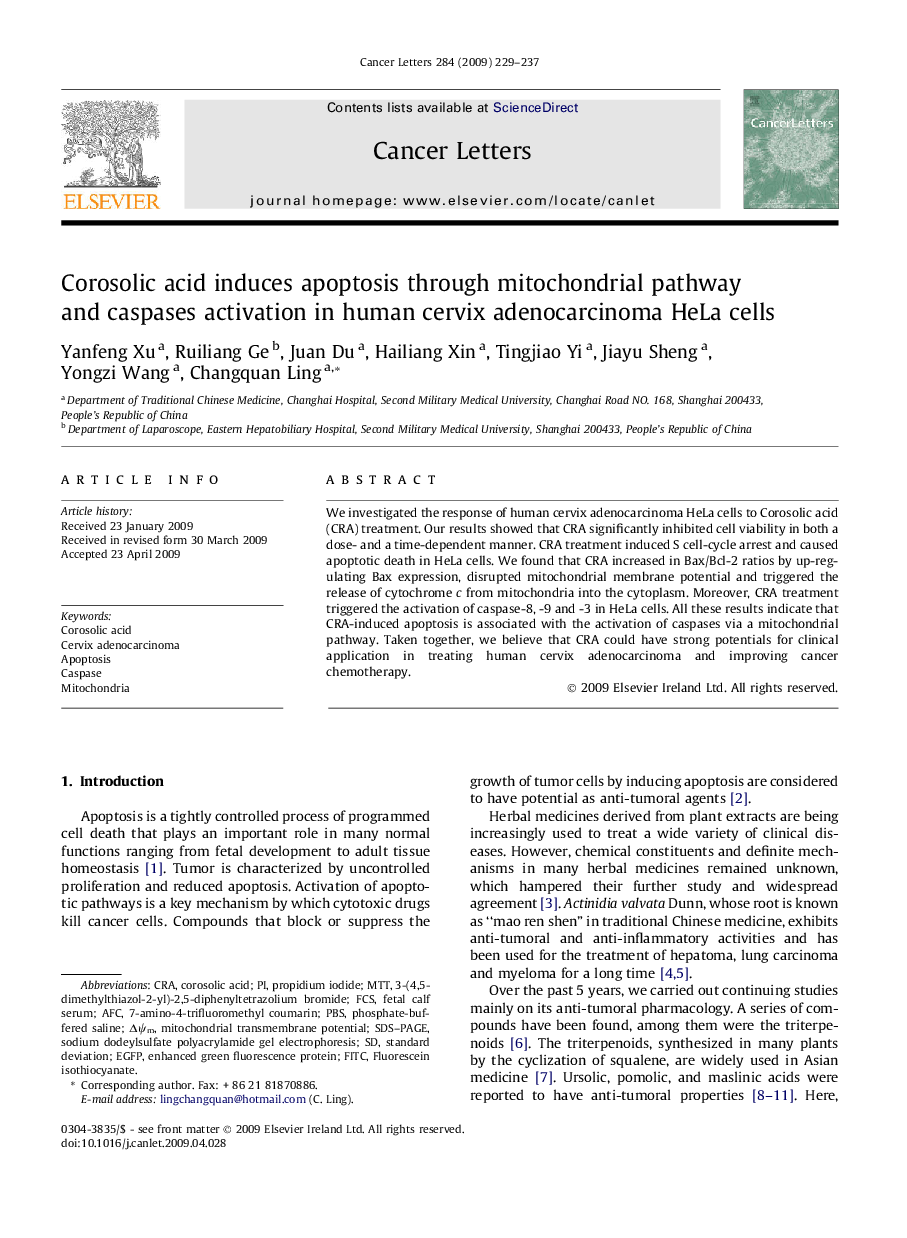 Corosolic acid induces apoptosis through mitochondrial pathway and caspases activation in human cervix adenocarcinoma HeLa cells