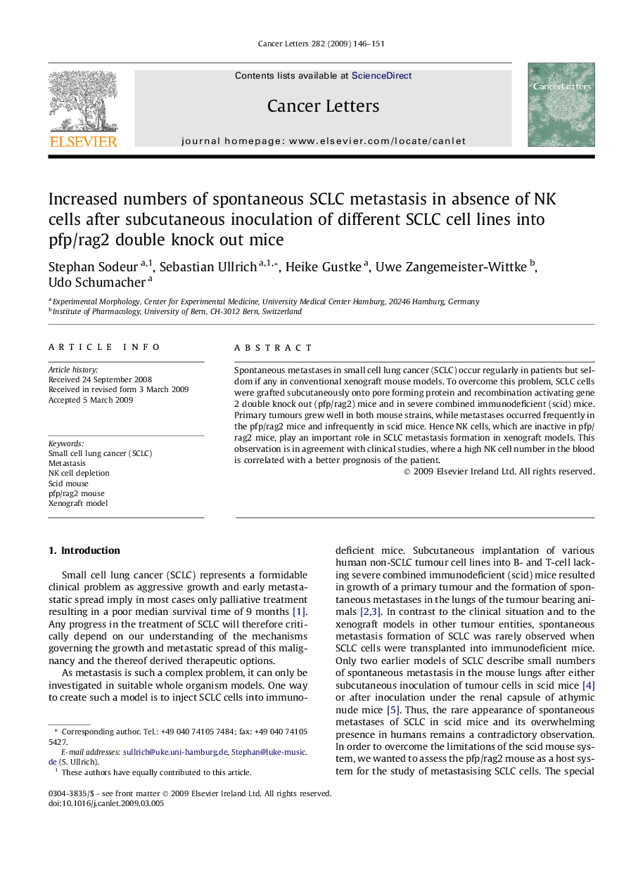 Increased numbers of spontaneous SCLC metastasis in absence of NK cells after subcutaneous inoculation of different SCLC cell lines into pfp/rag2 double knock out mice