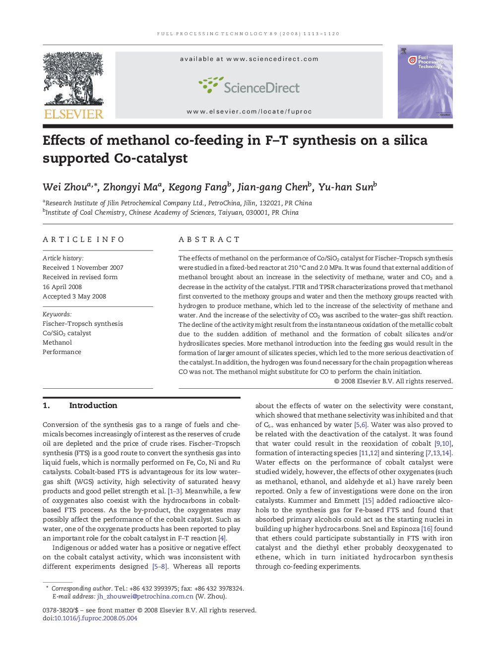 Effects of methanol co-feeding in F–T synthesis on a silica supported Co-catalyst