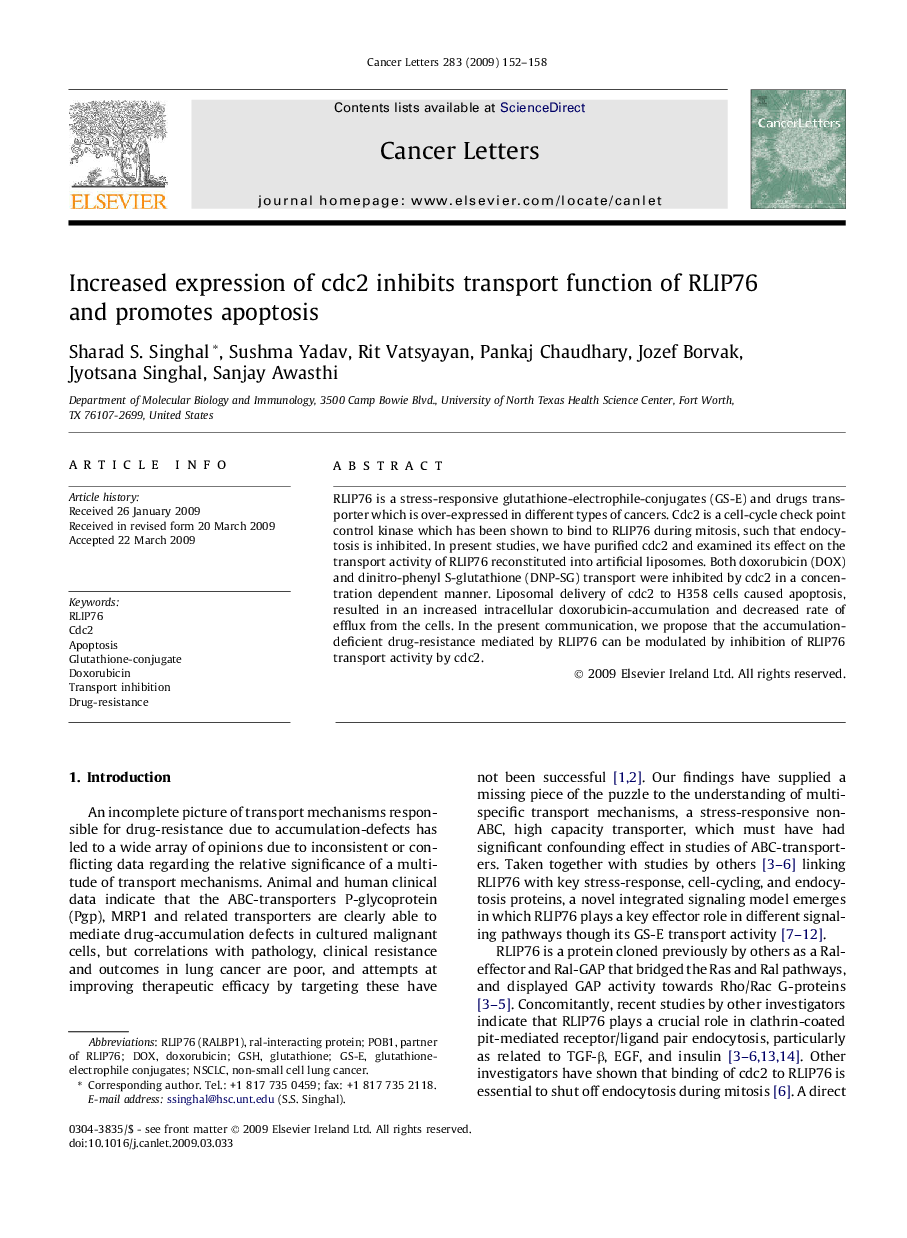 عکس صفحه اول مقاله: Increased expression of cdc2 inhibits transport function of RLIP76 and promotes apoptosis Increased expression of cdc2 inhibits transport function of RLIP76 and promotes apoptosis