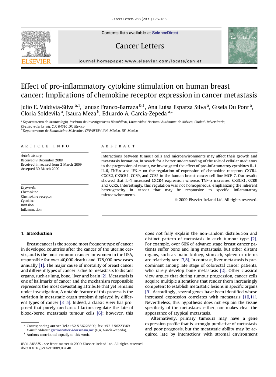 Effect of pro-inflammatory cytokine stimulation on human breast cancer: Implications of chemokine receptor expression in cancer metastasis