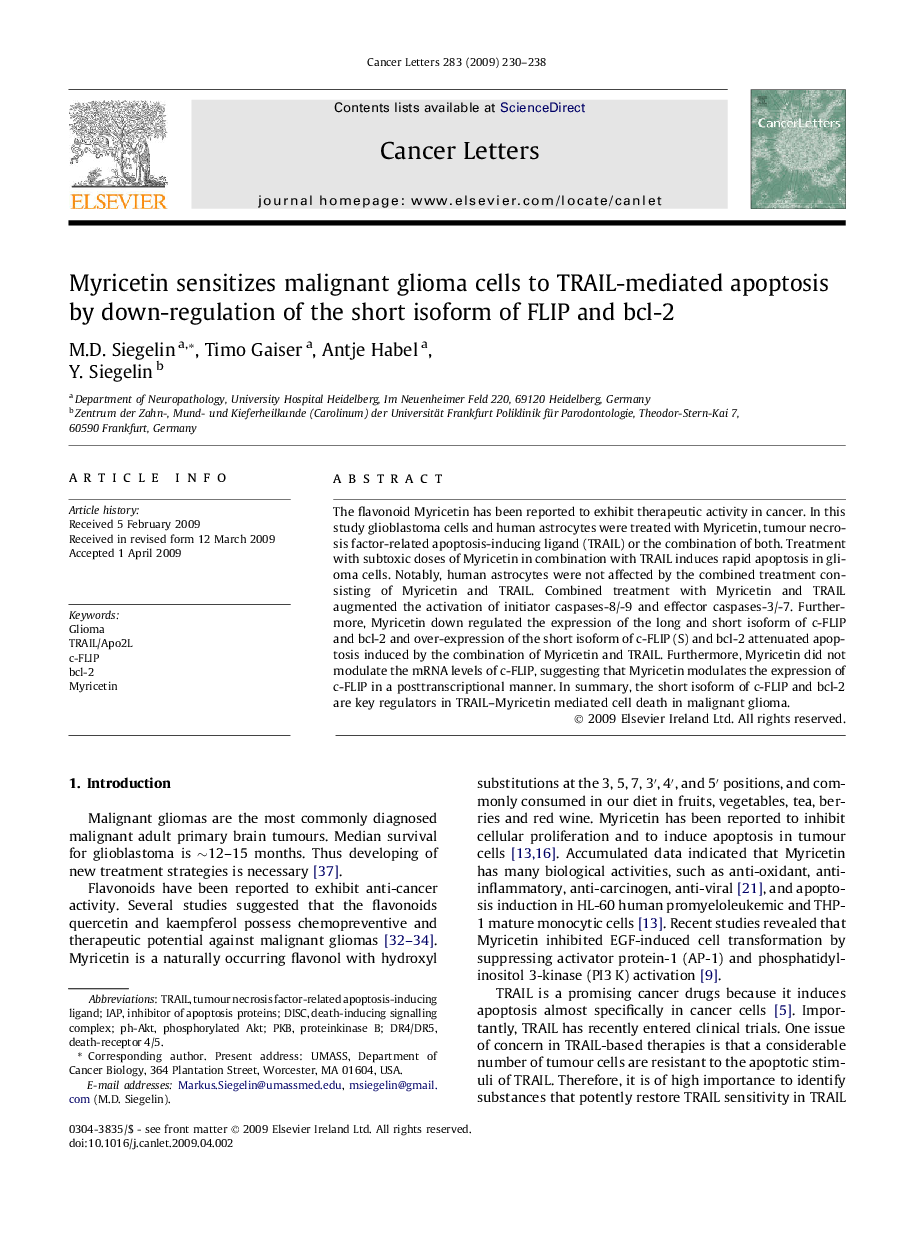 Myricetin sensitizes malignant glioma cells to TRAIL-mediated apoptosis by down-regulation of the short isoform of FLIP and bcl-2