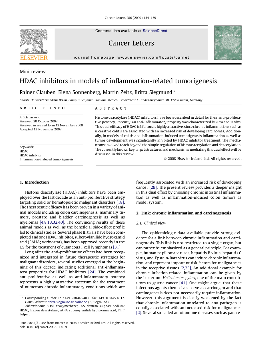 HDAC inhibitors in models of inflammation-related tumorigenesis