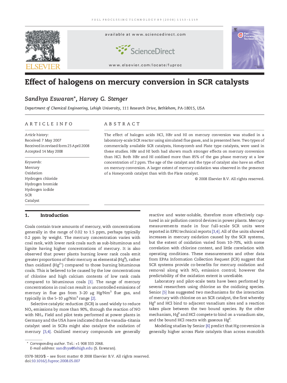 Effect of halogens on mercury conversion in SCR catalysts