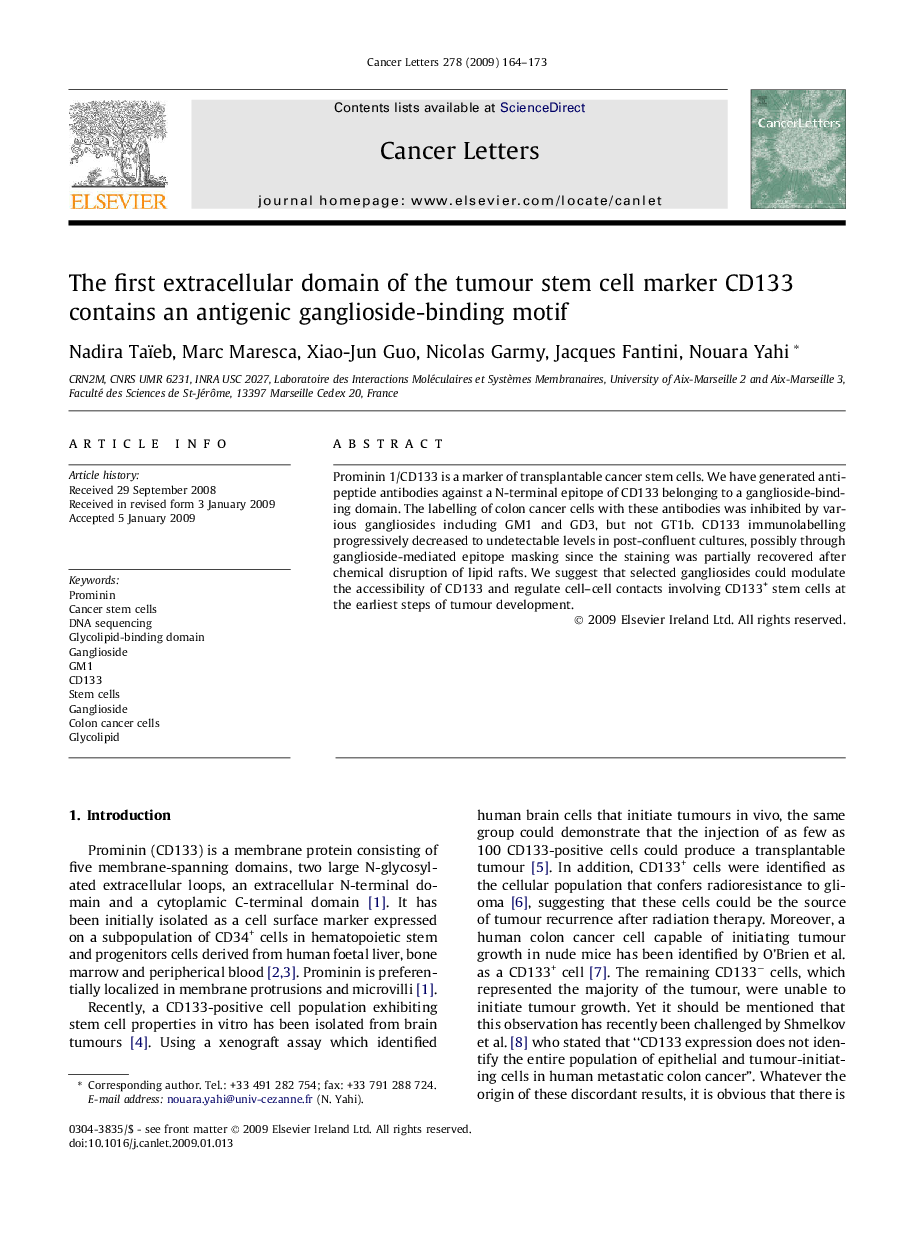 The first extracellular domain of the tumour stem cell marker CD133 contains an antigenic ganglioside-binding motif