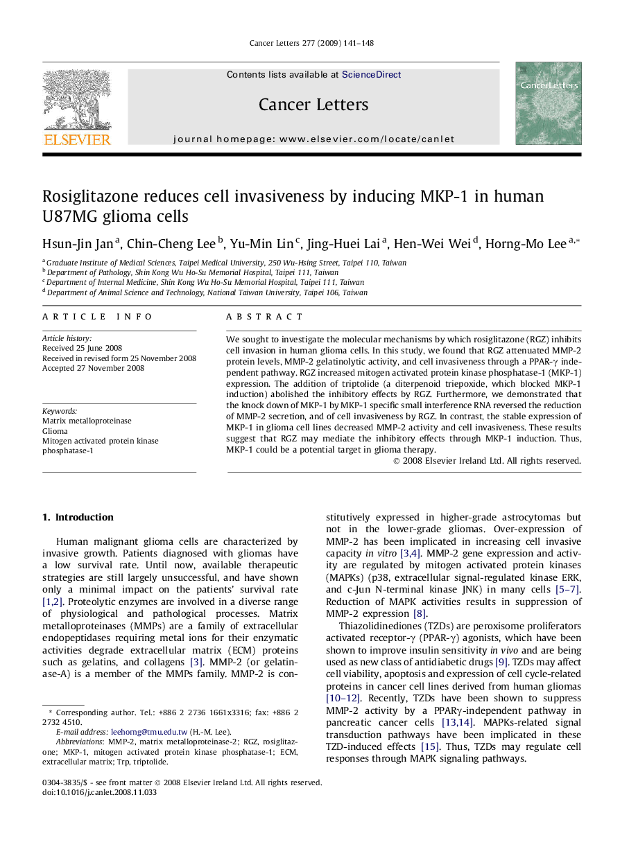 Rosiglitazone reduces cell invasiveness by inducing MKP-1 in human U87MG glioma cells