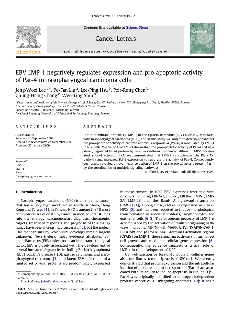 EBV LMP-1 negatively regulates expression and pro-apoptotic activity of Par-4 in nasopharyngeal carcinoma cells