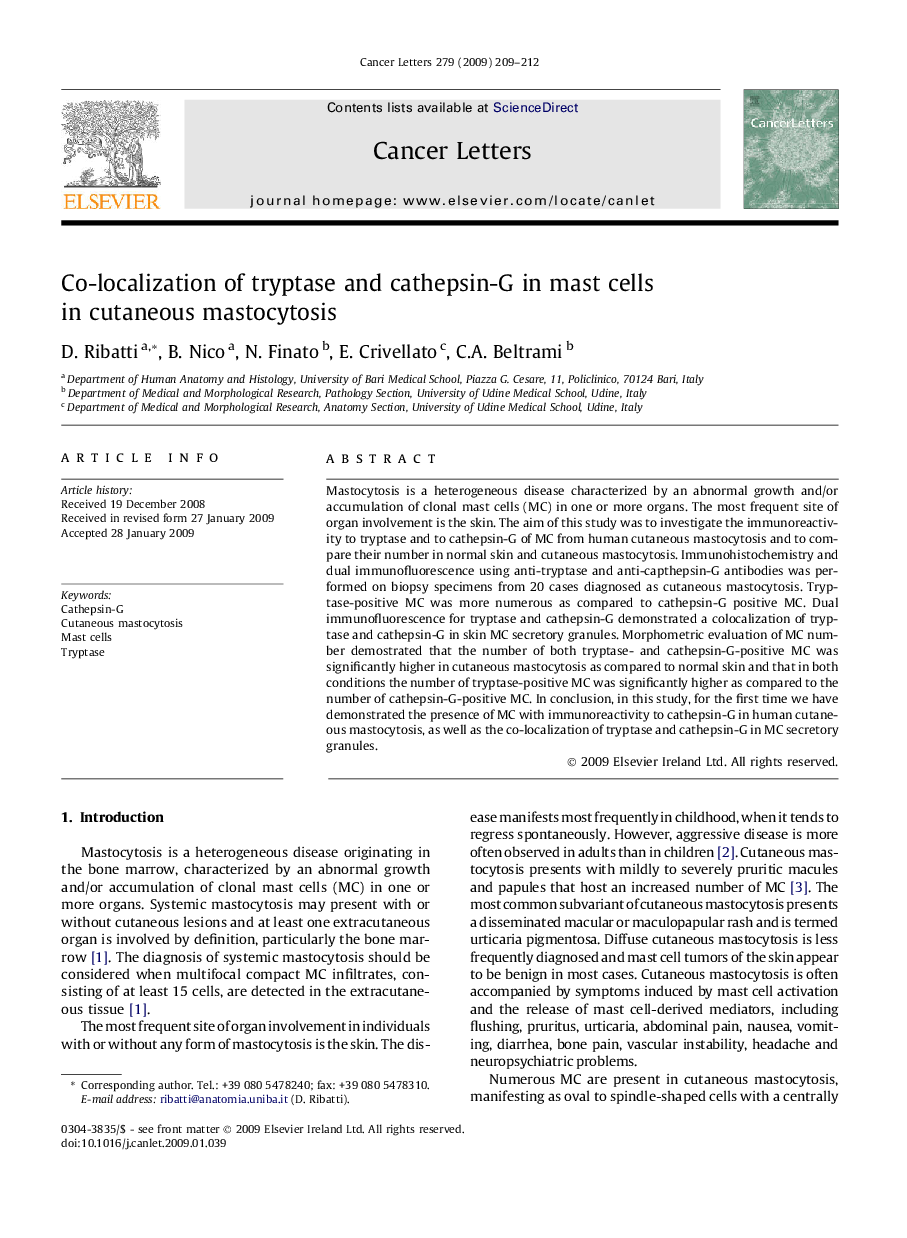 Co-localization of tryptase and cathepsin-G in mast cells in cutaneous mastocytosis