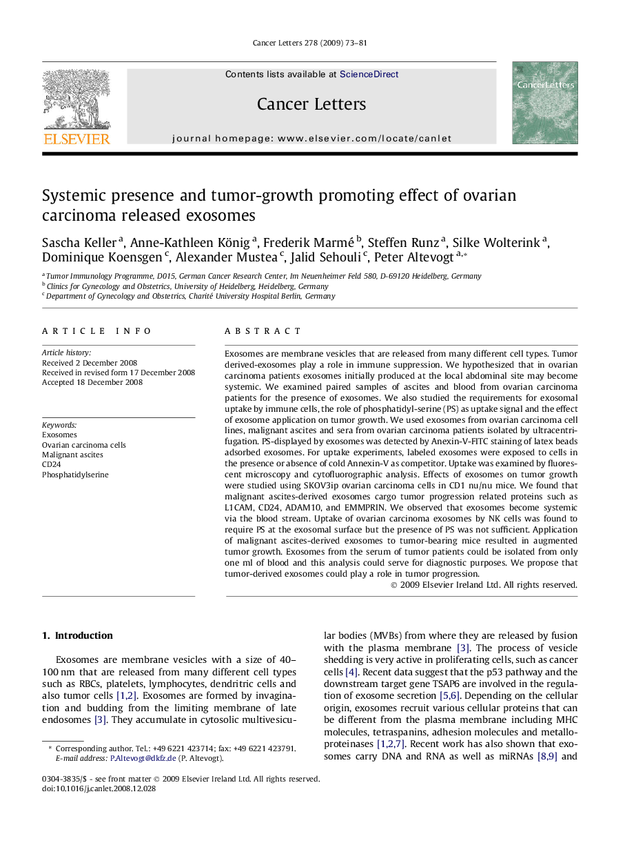 Systemic presence and tumor-growth promoting effect of ovarian carcinoma released exosomes