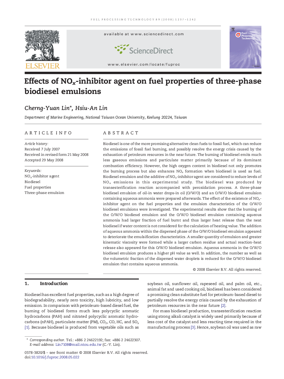 Effects of NOx-inhibitor agent on fuel properties of three-phase biodiesel emulsions