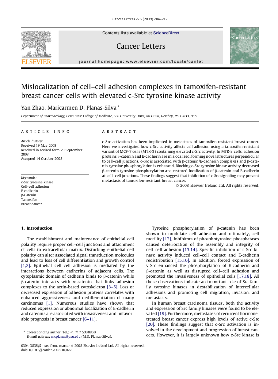 Mislocalization of cell–cell adhesion complexes in tamoxifen-resistant breast cancer cells with elevated c-Src tyrosine kinase activity