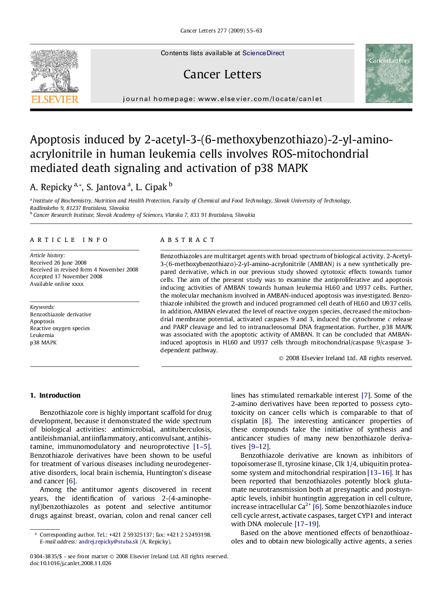 Apoptosis induced by 2-acetyl-3-(6-methoxybenzothiazo)-2-yl-amino-acrylonitrile in human leukemia cells involves ROS-mitochondrial mediated death signaling and activation of p38 MAPK