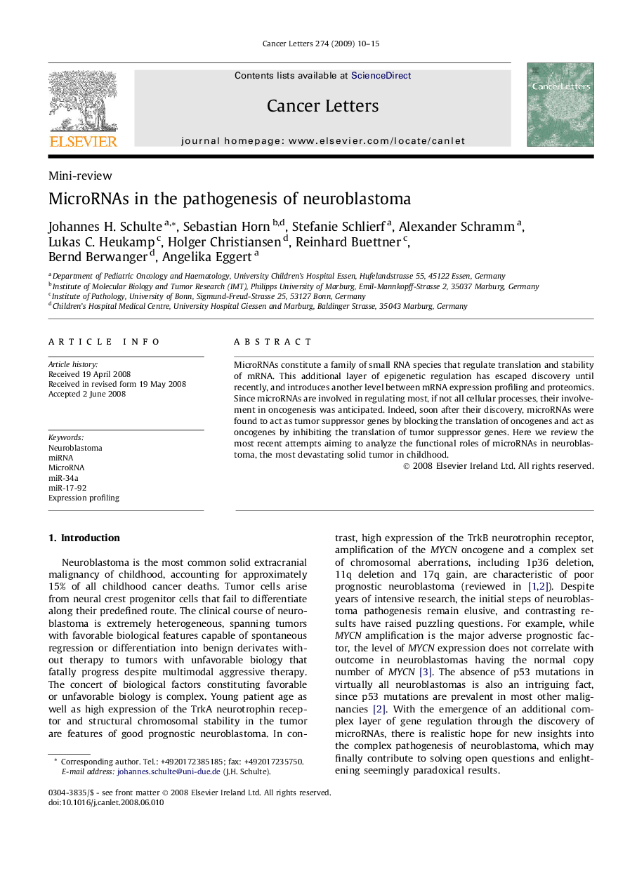 MicroRNAs in the pathogenesis of neuroblastoma