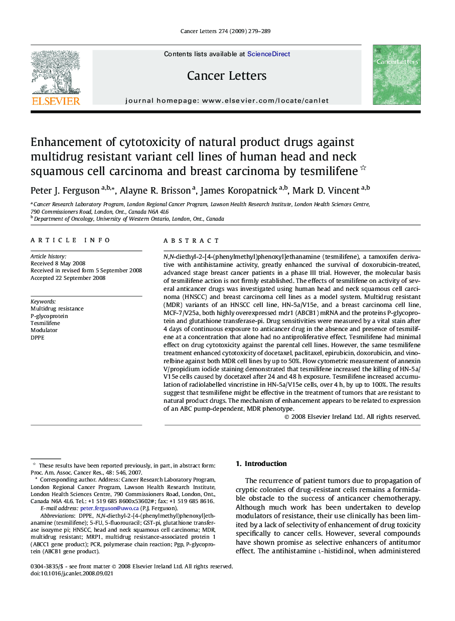 Enhancement of cytotoxicity of natural product drugs against multidrug resistant variant cell lines of human head and neck squamous cell carcinoma and breast carcinoma by tesmilifene 