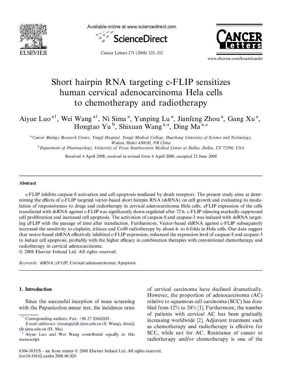 Short hairpin RNA targeting c-FLIP sensitizes human cervical adenocarcinoma Hela cells to chemotherapy and radiotherapy