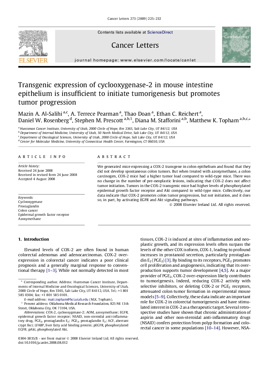 Transgenic expression of cyclooxygenase-2 in mouse intestine epithelium is insufficient to initiate tumorigenesis but promotes tumor progression