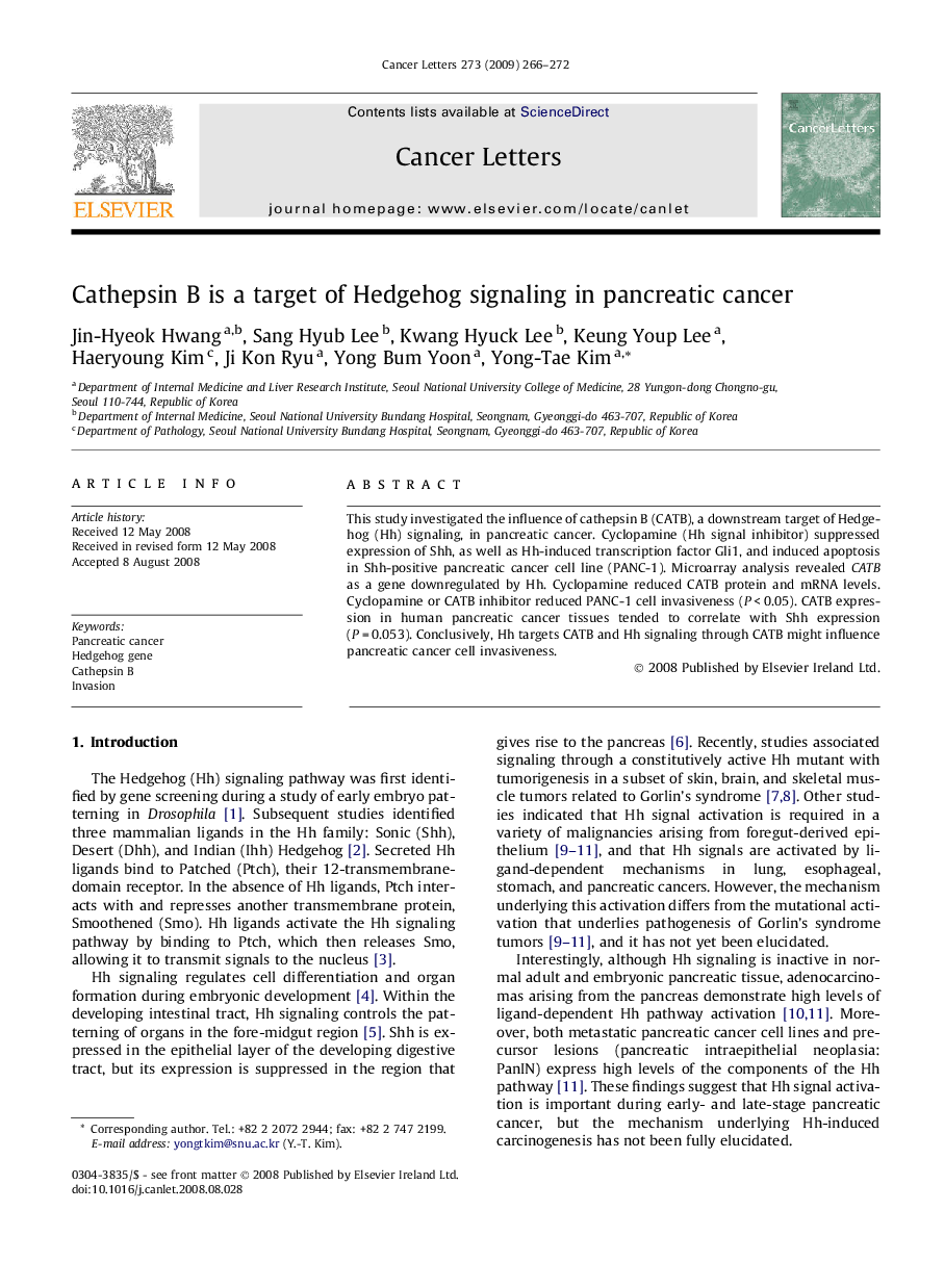 Cathepsin B is a target of Hedgehog signaling in pancreatic cancer