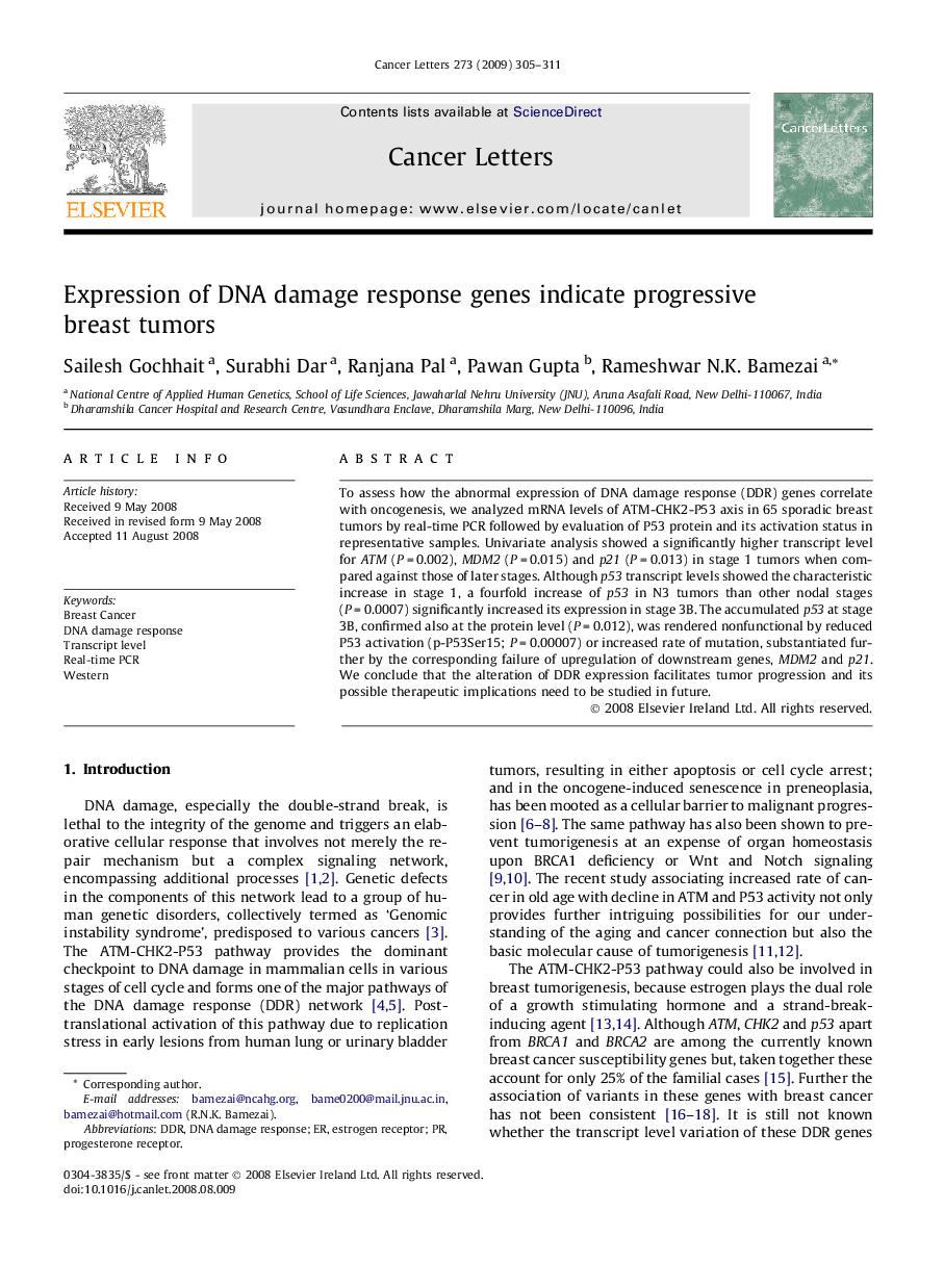 Expression of DNA damage response genes indicate progressive breast tumors