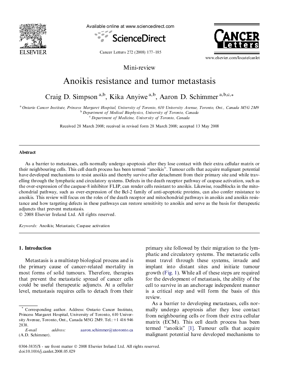 Anoikis resistance and tumor metastasis