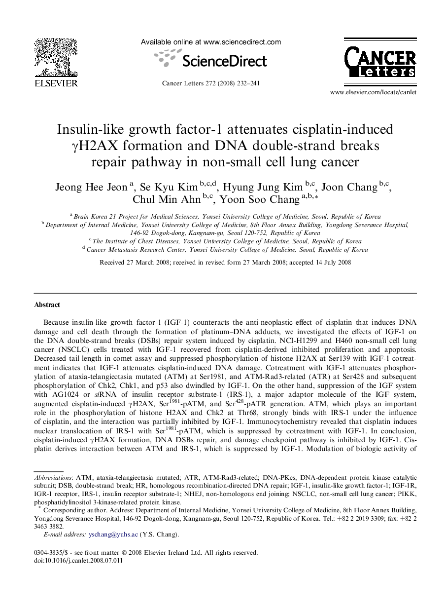 Insulin-like growth factor-1 attenuates cisplatin-induced γH2AX formation and DNA double-strand breaks repair pathway in non-small cell lung cancer