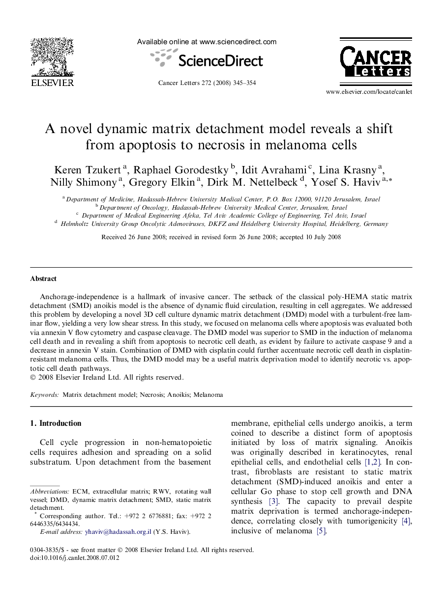 A novel dynamic matrix detachment model reveals a shift from apoptosis to necrosis in melanoma cells