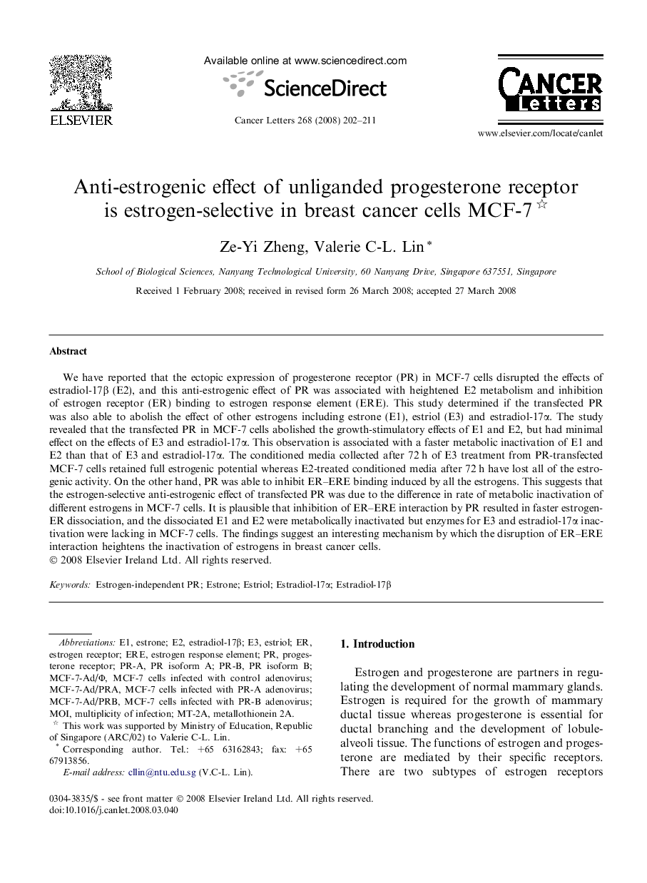 Anti-estrogenic effect of unliganded progesterone receptor is estrogen-selective in breast cancer cells MCF-7 