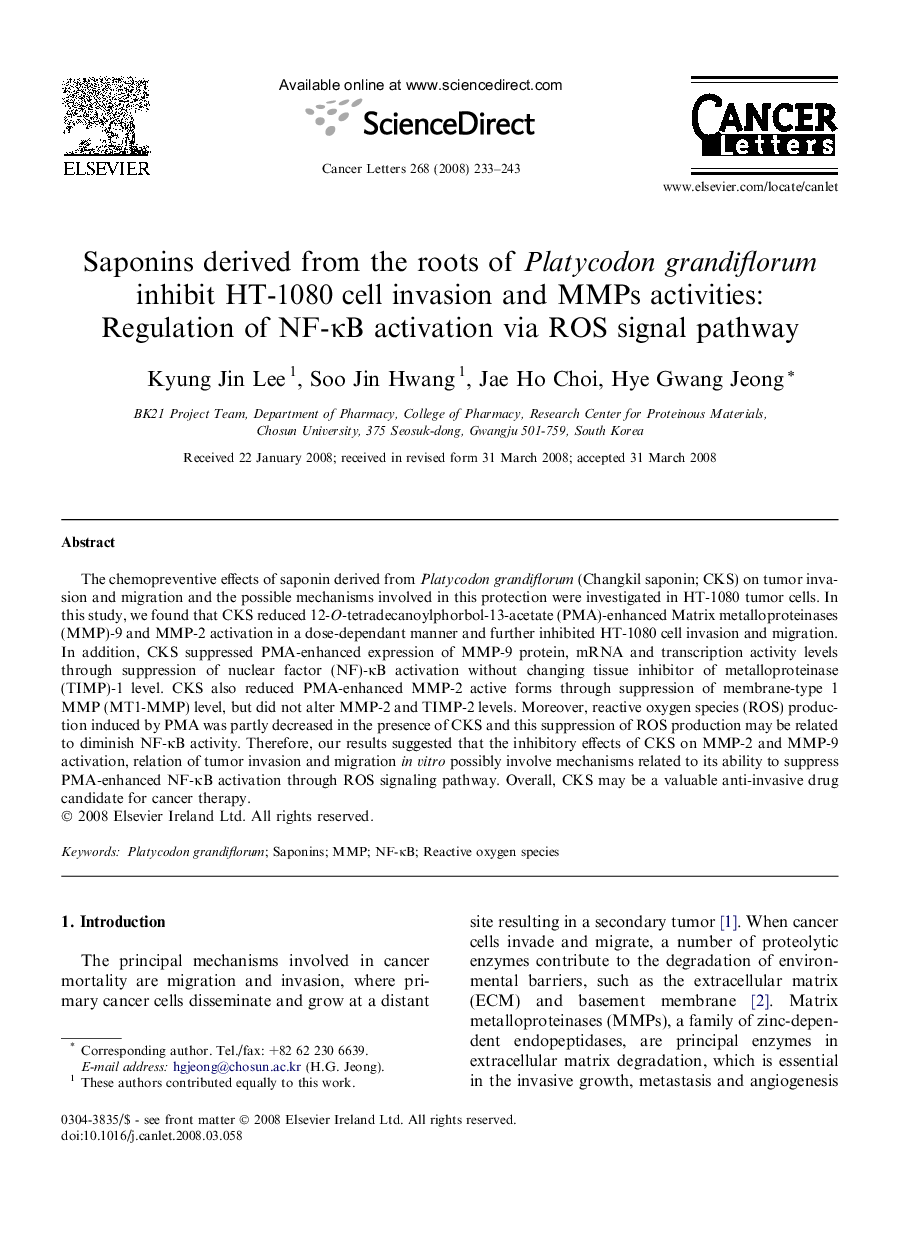 Saponins derived from the roots of Platycodon grandiflorum inhibit HT-1080 cell invasion and MMPs activities: Regulation of NF-κB activation via ROS signal pathway