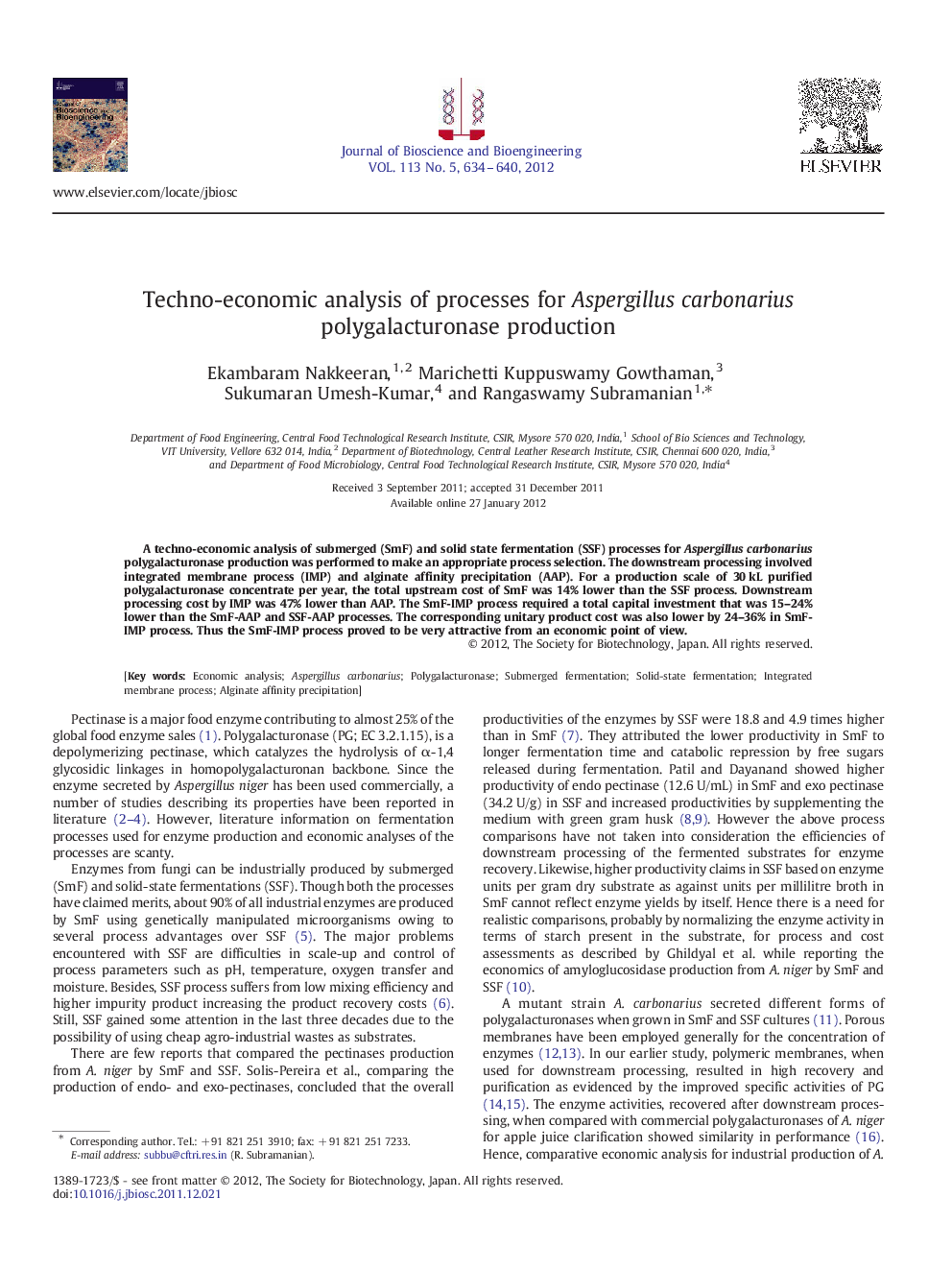 Techno-economic analysis of processes for Aspergillus carbonarius polygalacturonase production