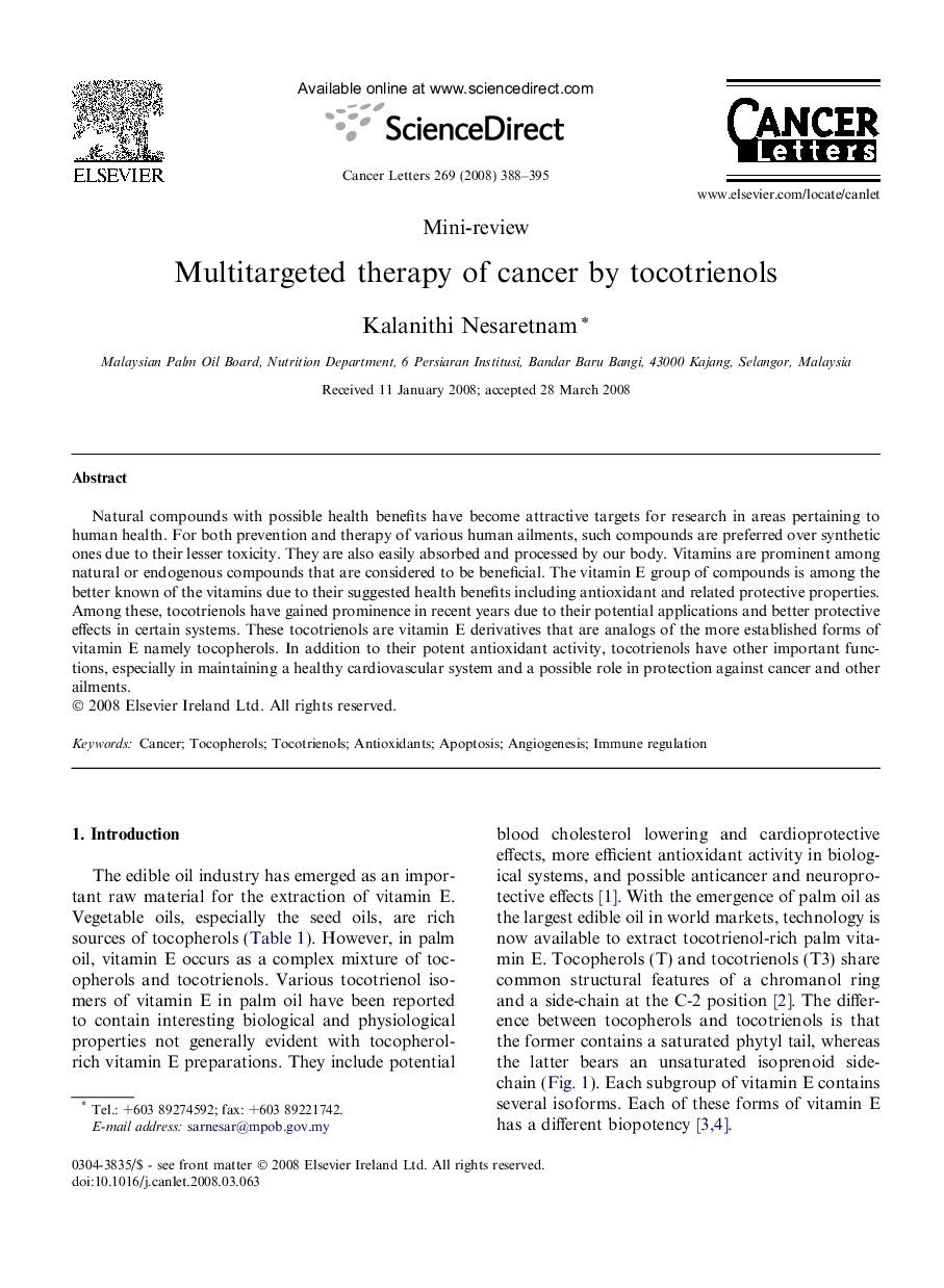 Multitargeted therapy of cancer by tocotrienols