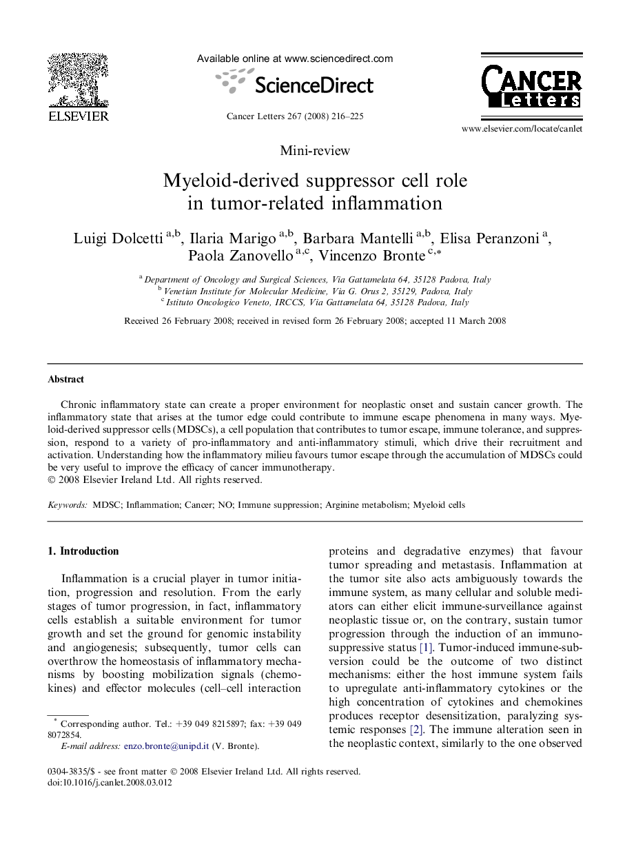 Myeloid-derived suppressor cell role in tumor-related inflammation