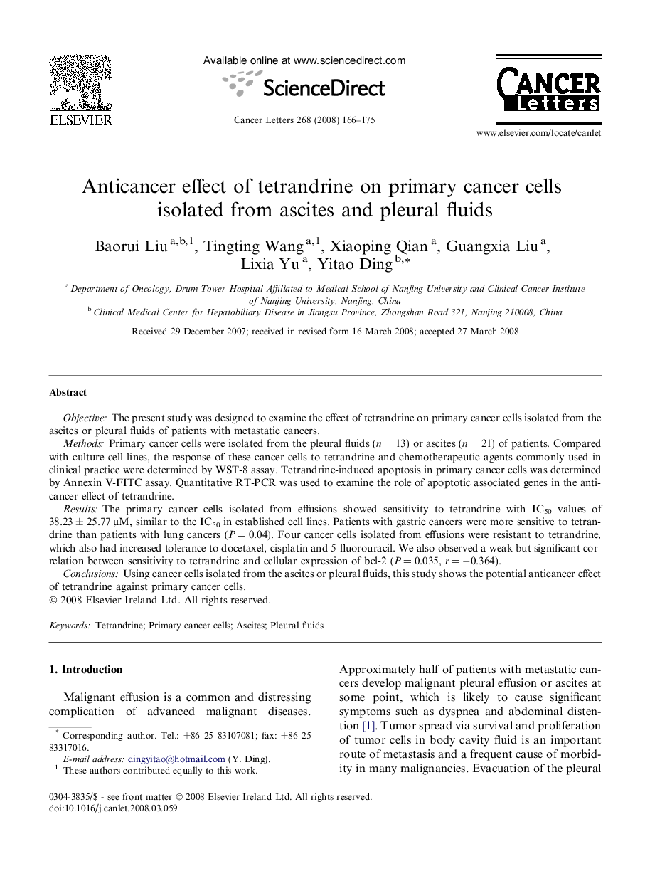 Anticancer effect of tetrandrine on primary cancer cells isolated from ascites and pleural fluids