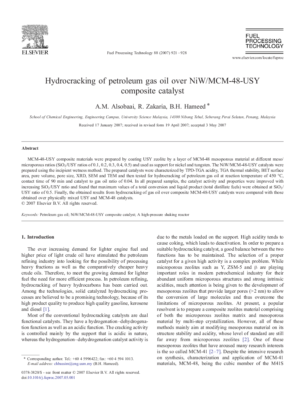 Hydrocracking of petroleum gas oil over NiW/MCM-48-USY composite catalyst