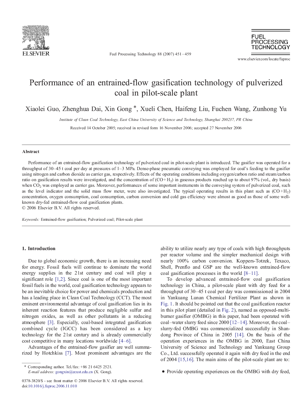 Performance of an entrained-flow gasification technology of pulverized coal in pilot-scale plant