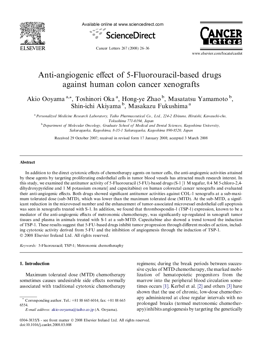 Anti-angiogenic effect of 5-Fluorouracil-based drugs against human colon cancer xenografts