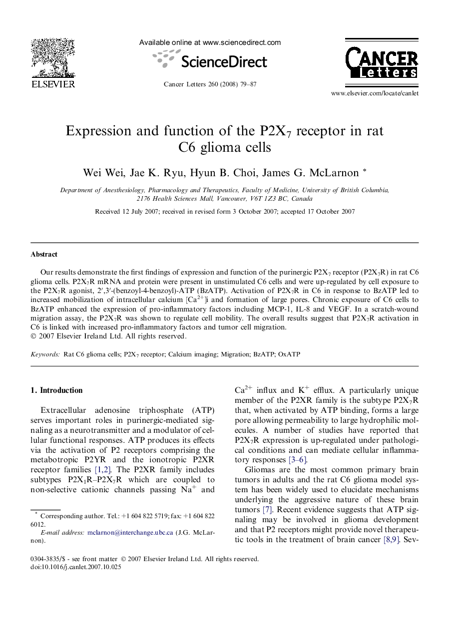 Expression and function of the P2X7 receptor in rat C6 glioma cells