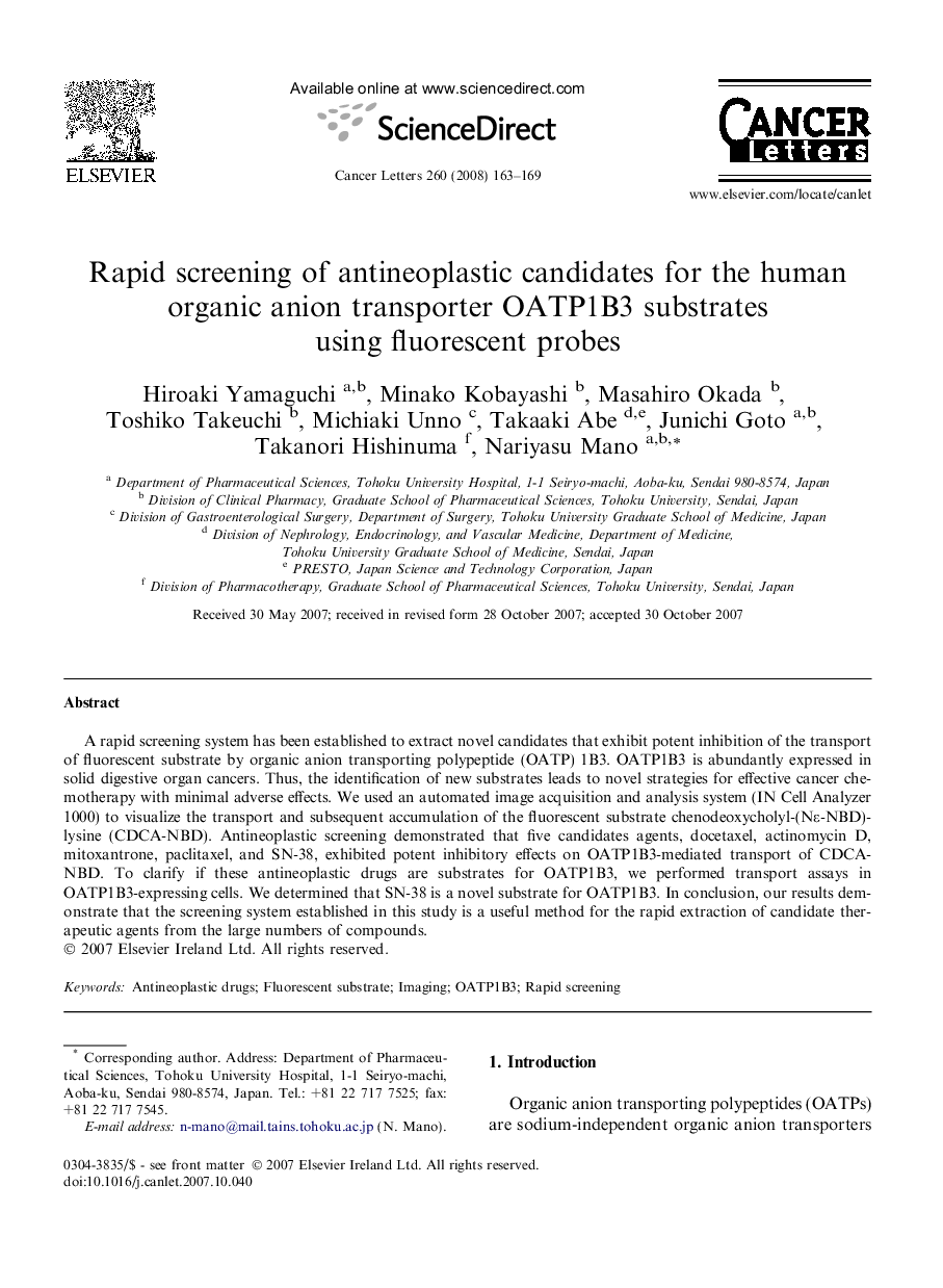 Rapid screening of antineoplastic candidates for the human organic anion transporter OATP1B3 substrates using fluorescent probes