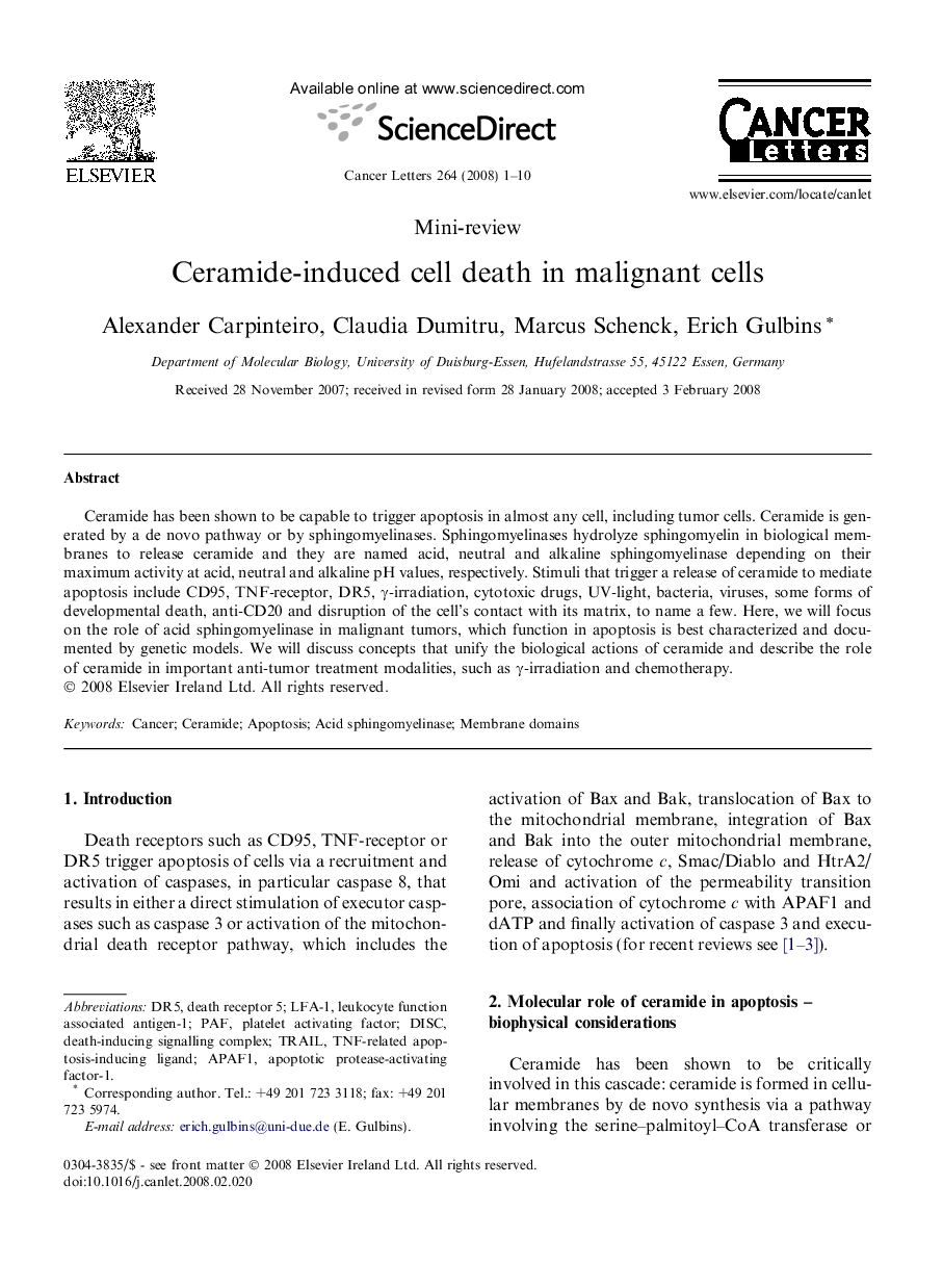 Ceramide-induced cell death in malignant cells