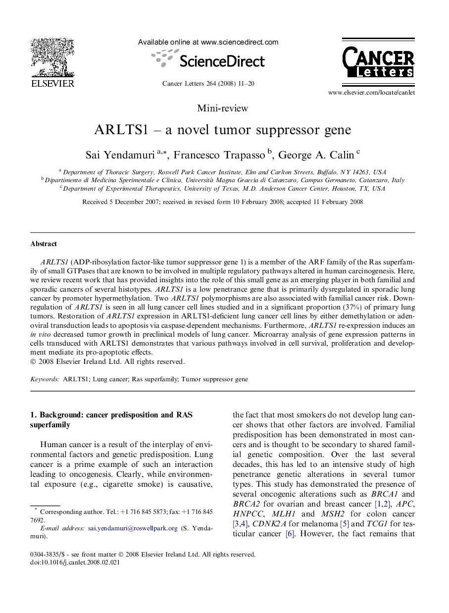 ARLTS1 – a novel tumor suppressor gene