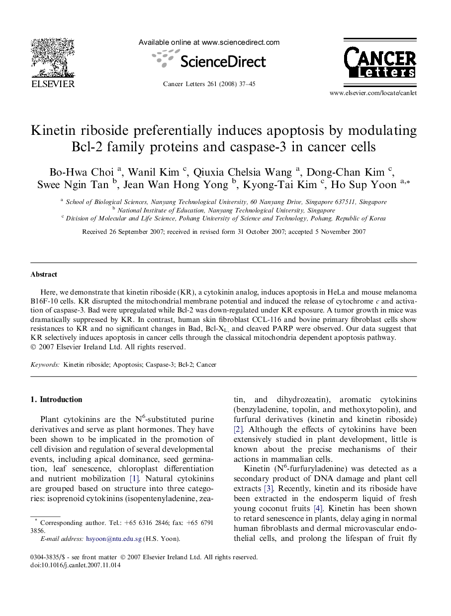 Kinetin riboside preferentially induces apoptosis by modulating Bcl-2 family proteins and caspase-3 in cancer cells