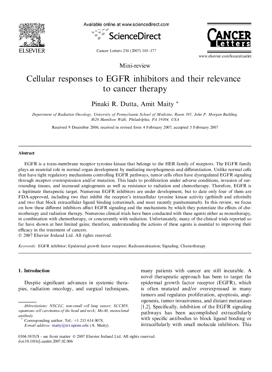 Cellular responses to EGFR inhibitors and their relevance to cancer therapy