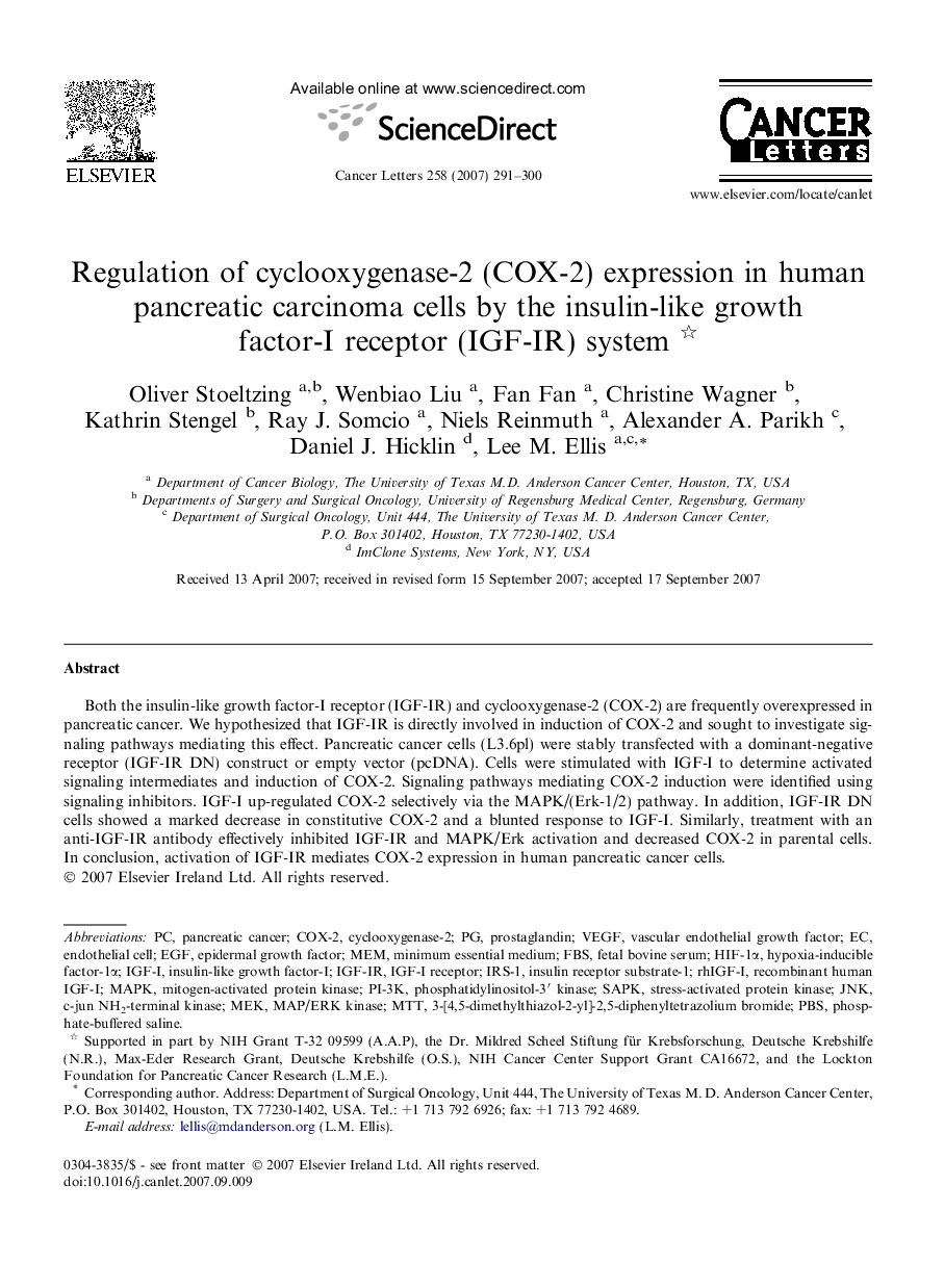 Regulation of cyclooxygenase-2 (COX-2) expression in human pancreatic carcinoma cells by the insulin-like growth factor-I receptor (IGF-IR) system 