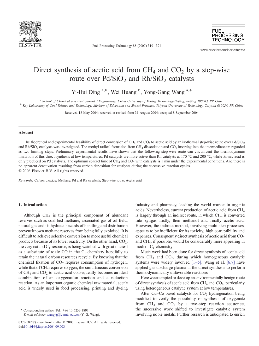 Direct synthesis of acetic acid from CH4 and CO2 by a step-wise route over Pd/SiO2 and Rh/SiO2 catalysts