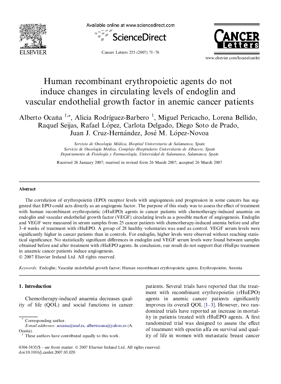 Human recombinant erythropoietic agents do not induce changes in circulating levels of endoglin and vascular endothelial growth factor in anemic cancer patients