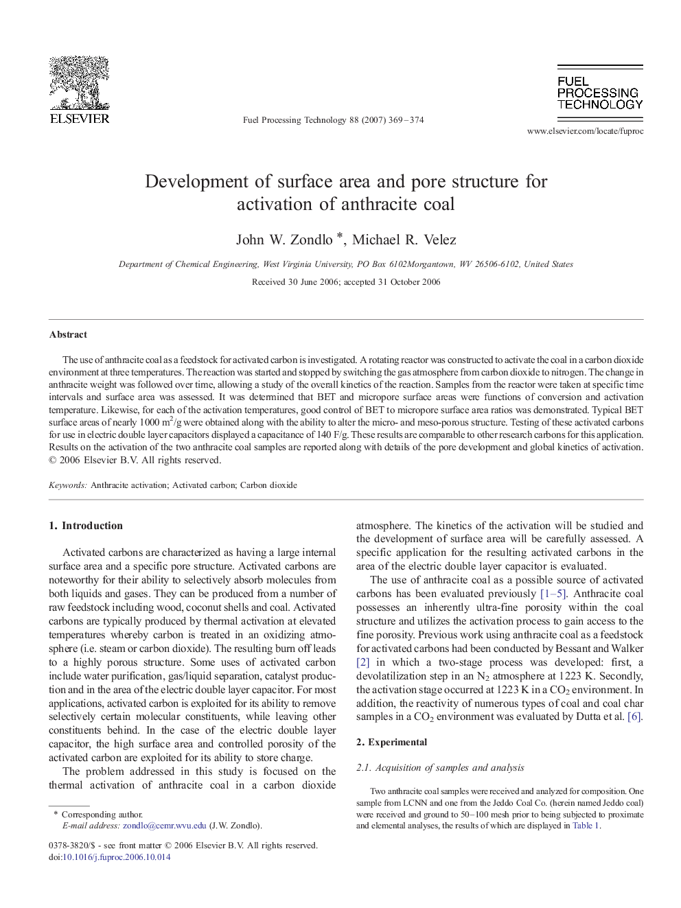 Development of surface area and pore structure for activation of anthracite coal