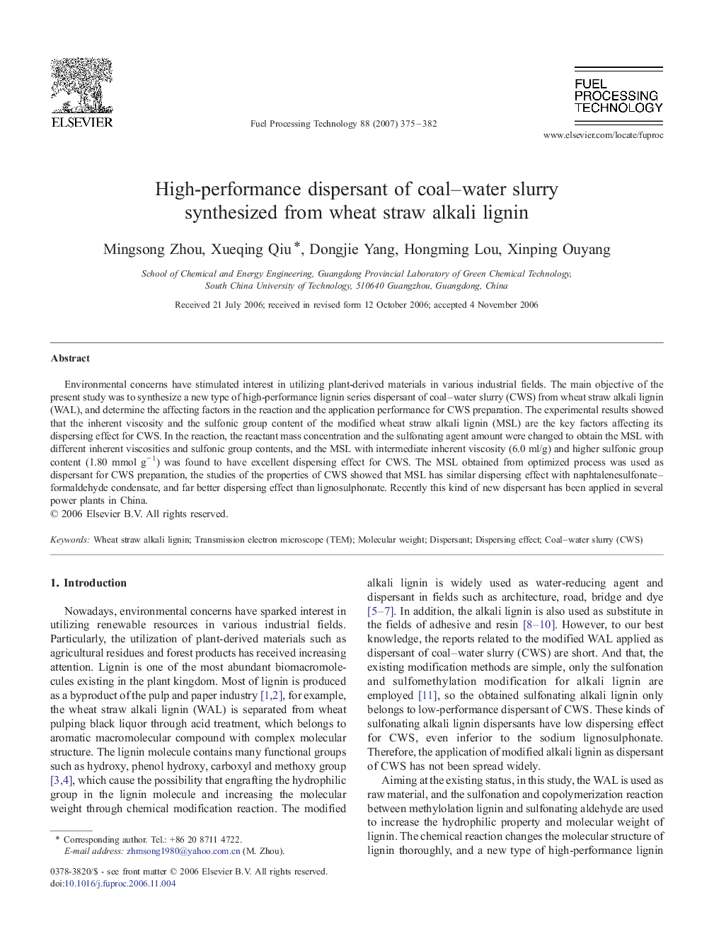 High-performance dispersant of coal–water slurry synthesized from wheat straw alkali lignin